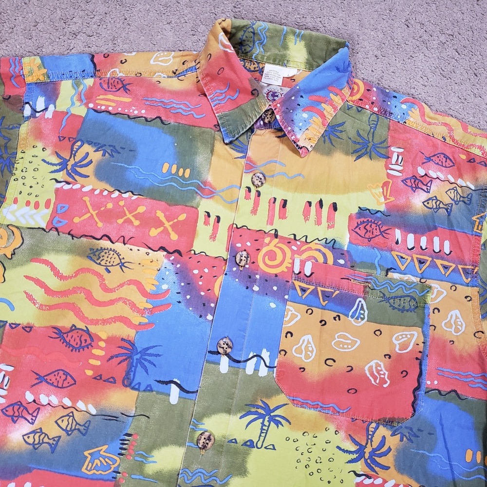 Vintage Territory Ahead Shirt Men L Floral Abstract Hawaiian Tropical Fish Aztec